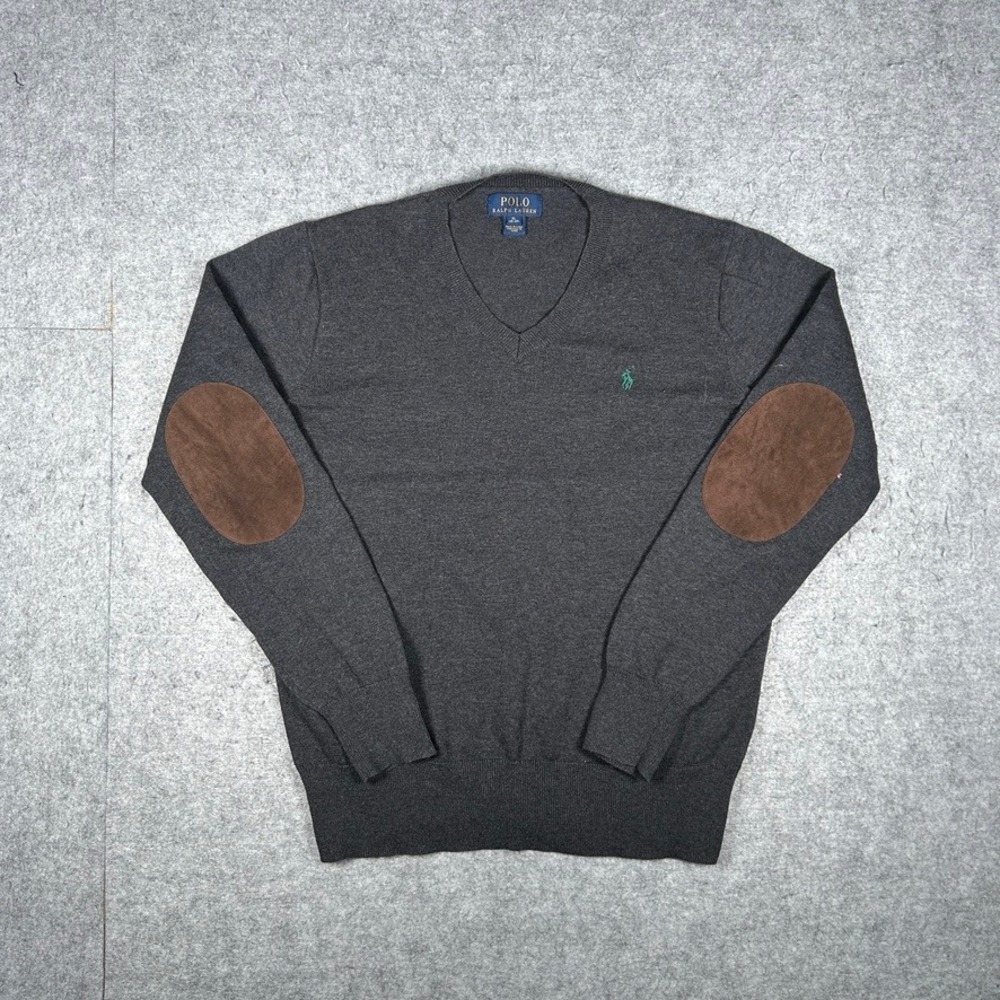 Polo Ralph Lauren Sweater Men 18-20 XL Charcoal Grey Elbow Patch V-Neck Pullover
